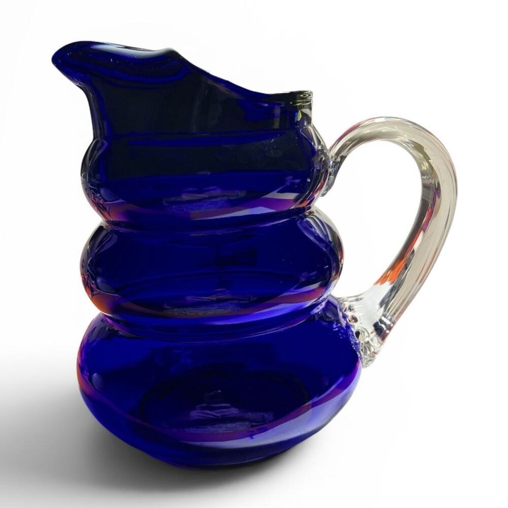 Vintage Louie Glass Co Cobalt Blue Harpo Pitcher Art Deco Beehive Ringedd 1930s